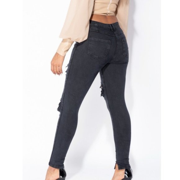 Black Mid Rise Ripped Distressed Skinny Jeans Denim Pants - Picture 5 of 11